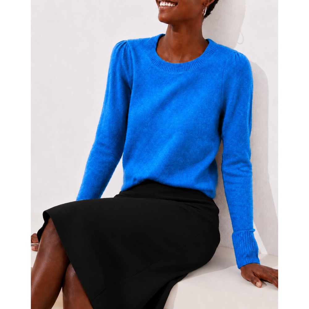 Loft Sweater Puff Shoulder Crew Neck Knit NEW Blue Medium